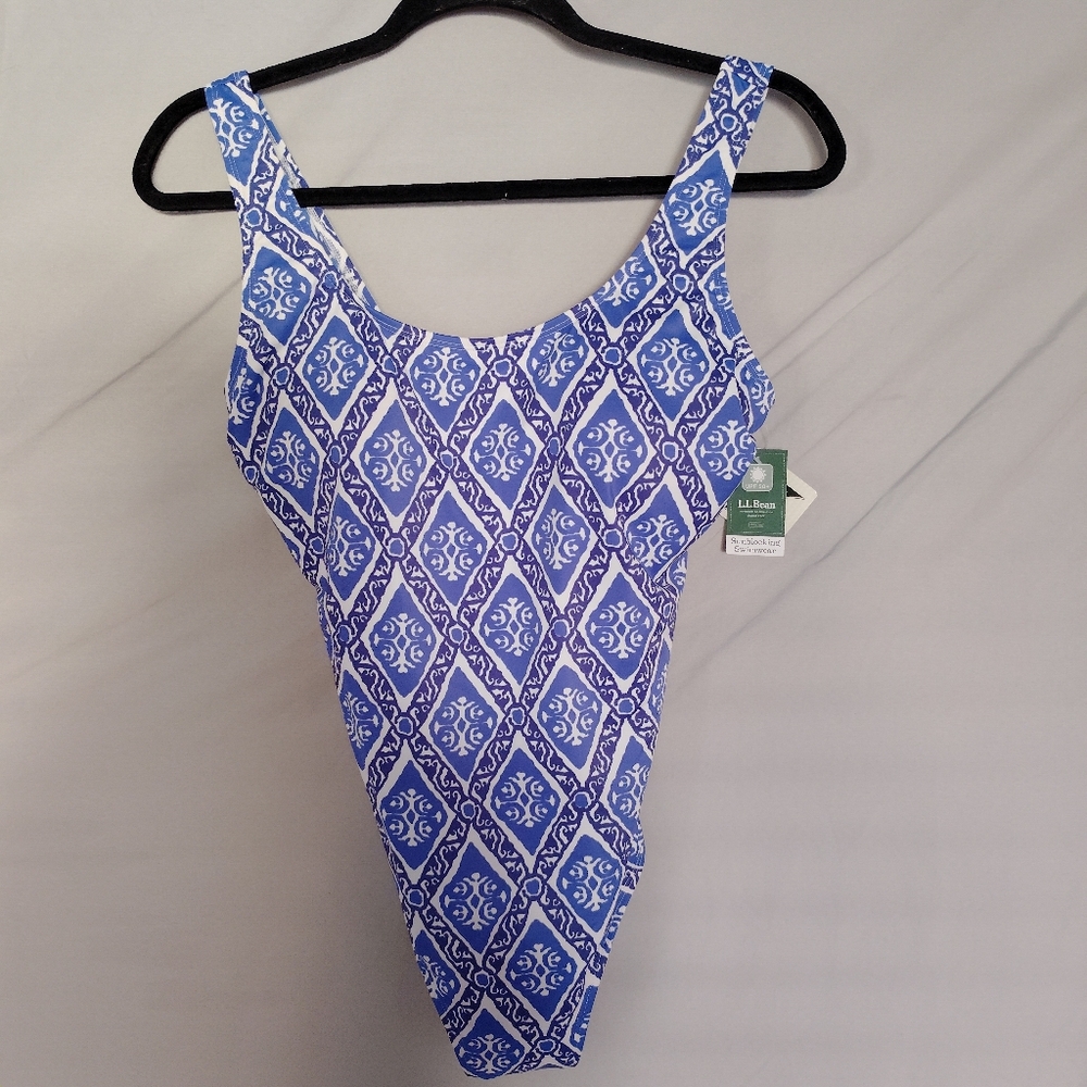 L.L.Bean Blue & White Diamond One‑Piece Swimsuit Sunblocking